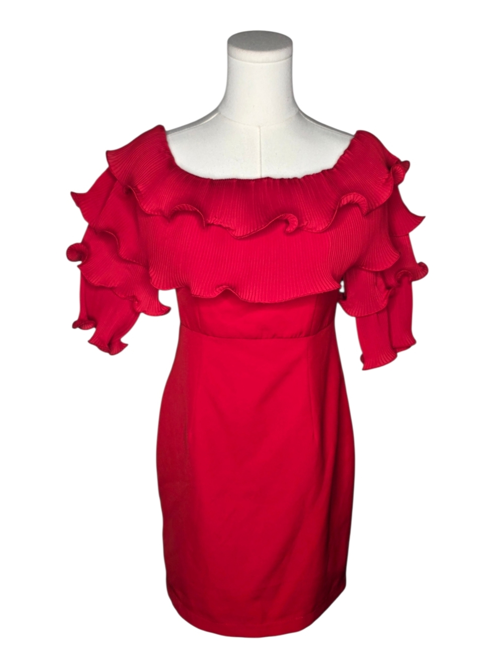 Tea & Cup Red Off Shoulder Ruffle Dress Pleated Sleeve Cocktail M